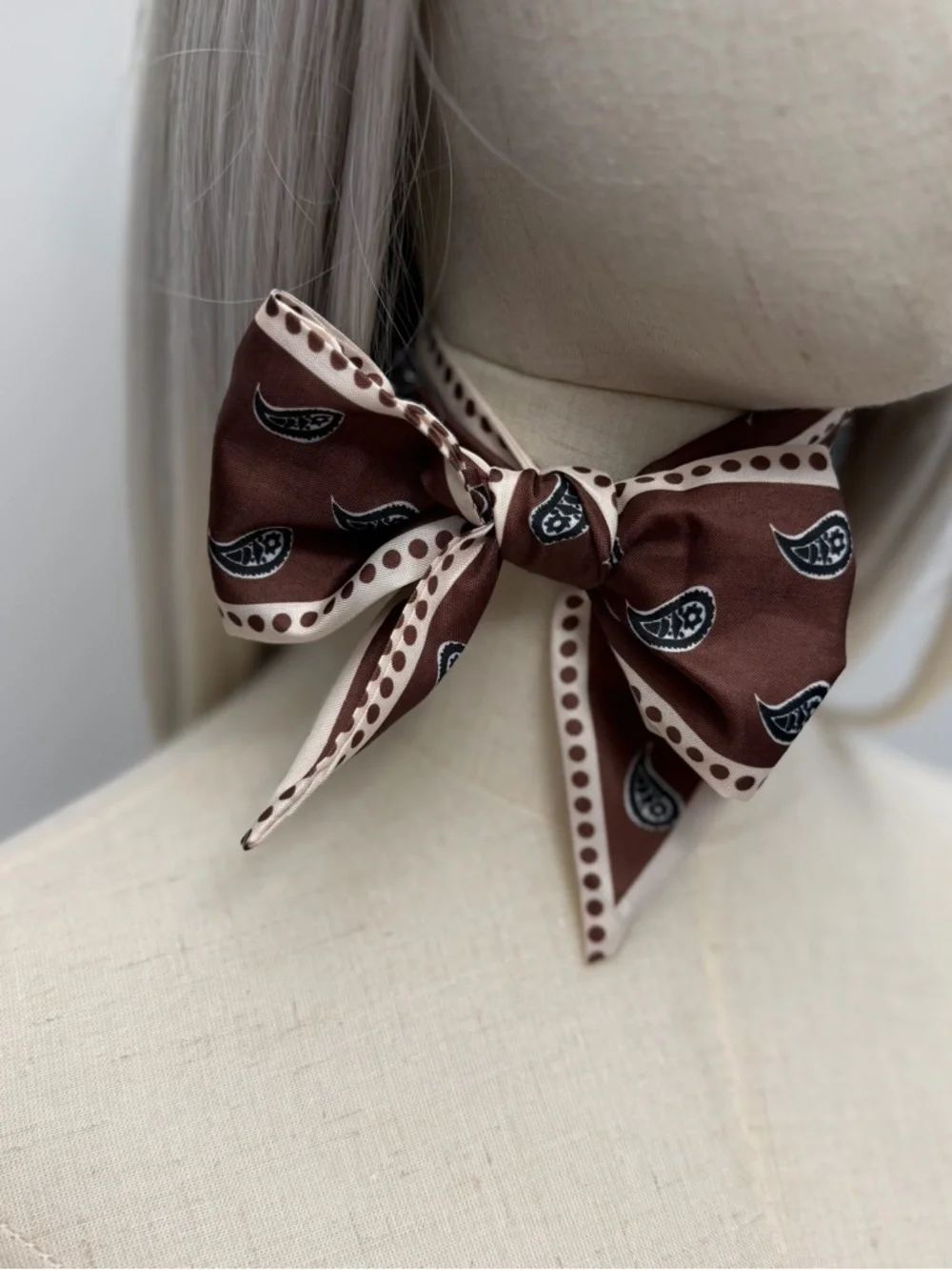 Brown Paisley Skinny Scarf Neutral Twilly Hair Tie Neck Scarf